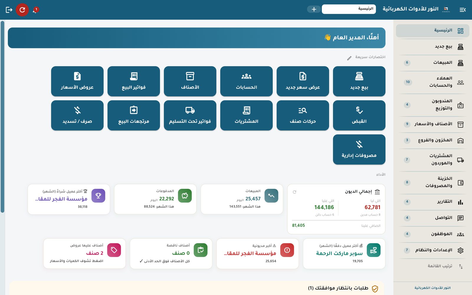 الشاشة الرئيسية: الاختصارات السريعة ومؤشرات الأداء