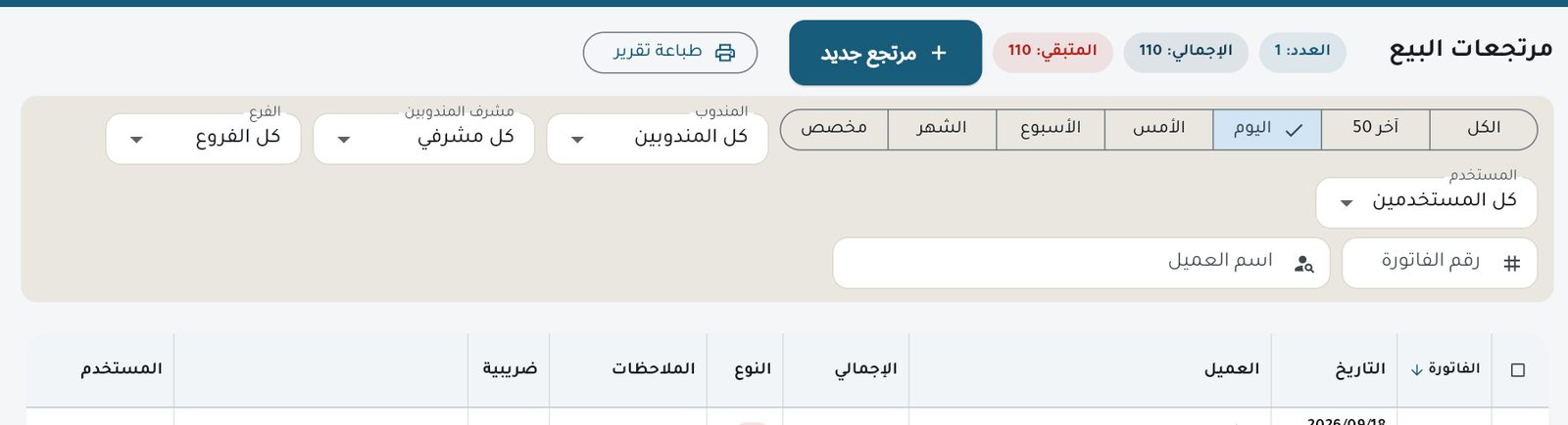 صفحة مرتجعات البيع