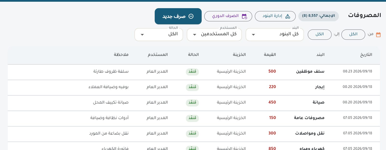 صفحة المصروفات الإدارية