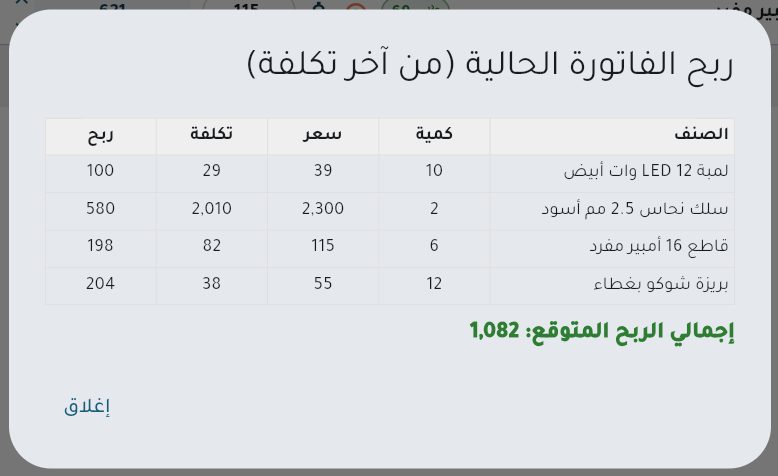 «ربح الفاتورة الحالية»: التكلفة والربح لكل صنف والإجمالي