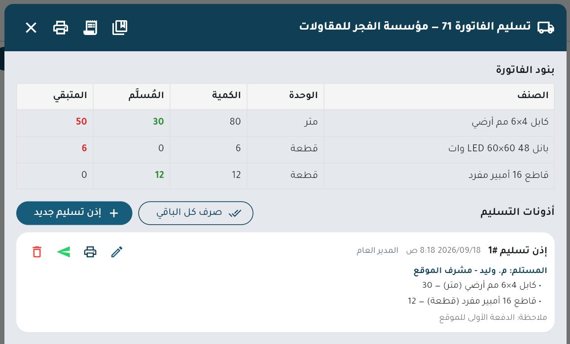 تسليم فاتورة مؤسسة الفجر: الكمية والمُسلَّم والمتبقي لكل بند، وأذونات التسليم السابقة
